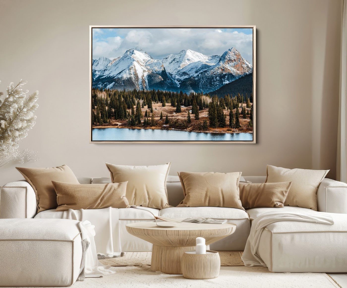 36247746-MGV-FC-36X24-Snowy Peaks Wall Art Canvas Print, Framed Alpine Lake Art Picture Print, Pine Forest Perfect Alpine