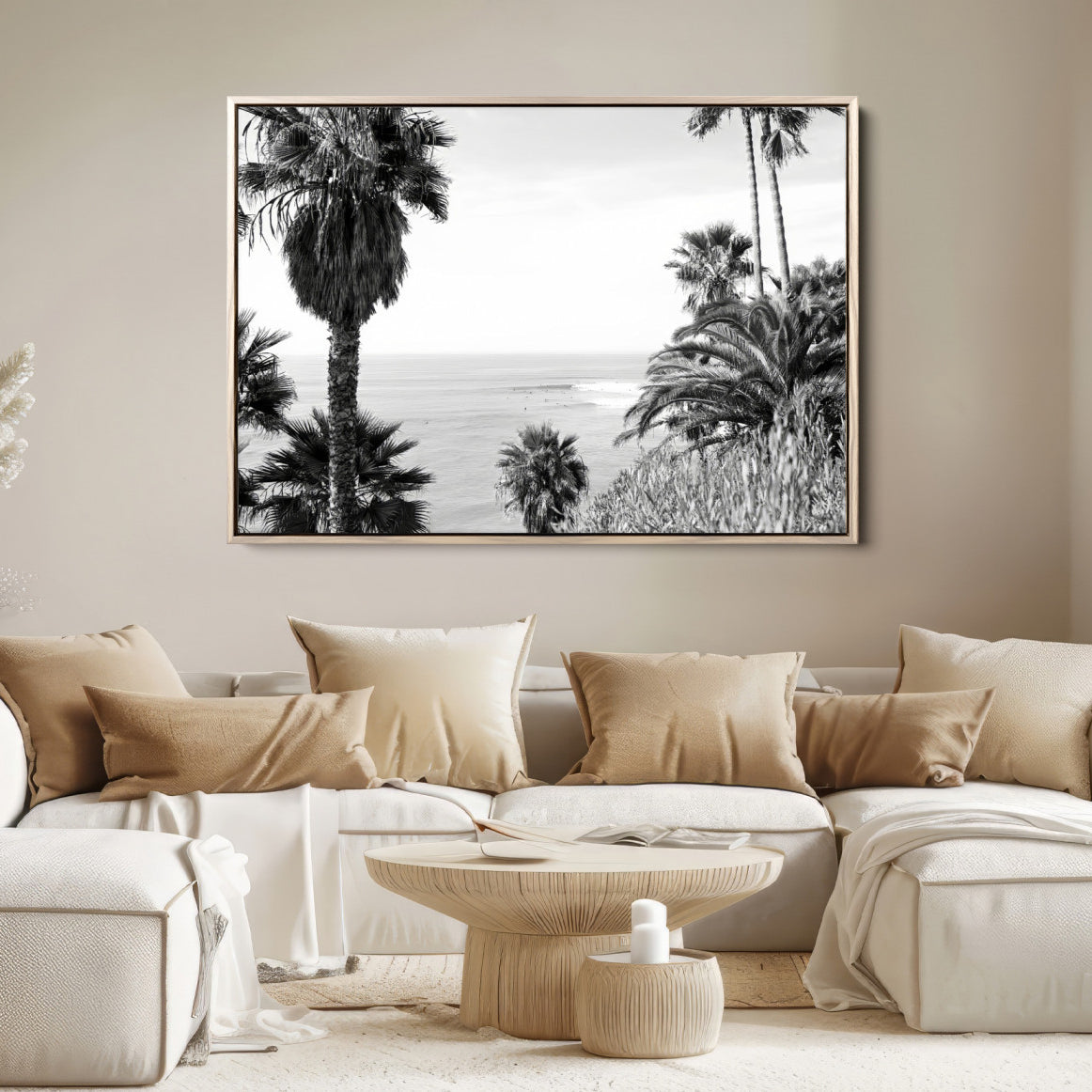 89458520-MGV-FC-36X24-Palm Trees Wall Art Canvas Print, Framed Coastal Art Picture Print, Ocean Horizon Perfect Monochrome Coast Decor