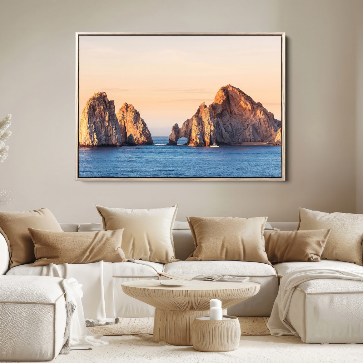 72996116-MGV-FC-36X24-El Arco Wall Art Canvas Print, Framed Cabo Rocks Art Picture Print, Ocean Arch Perfect Golden