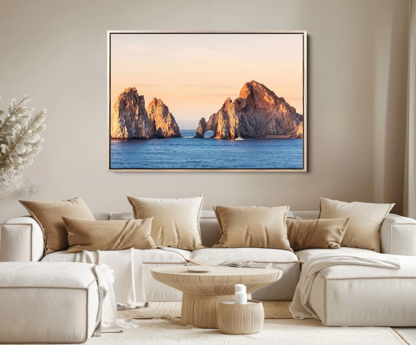 72996116-MGV-FC-36X24-El Arco Wall Art Canvas Print, Framed Cabo Rocks Art Picture Print, Ocean Arch Perfect Golden
