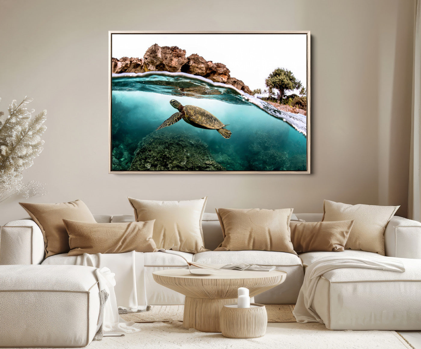44200301-MGV-FC-36X24-Sea Turtle Wall Art Canvas Print, Framed Ocean Life Art Picture Print, Tropical Perfect Coastal