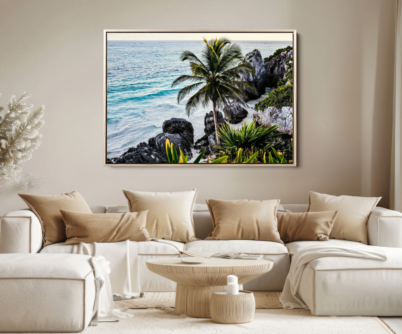 94669907-MGV-FC-36X24-Tropical Coastline Wall Art Canvas Print – Framed Palm Tree and Rocky Beach Scene Artwork for Home, Office Decor