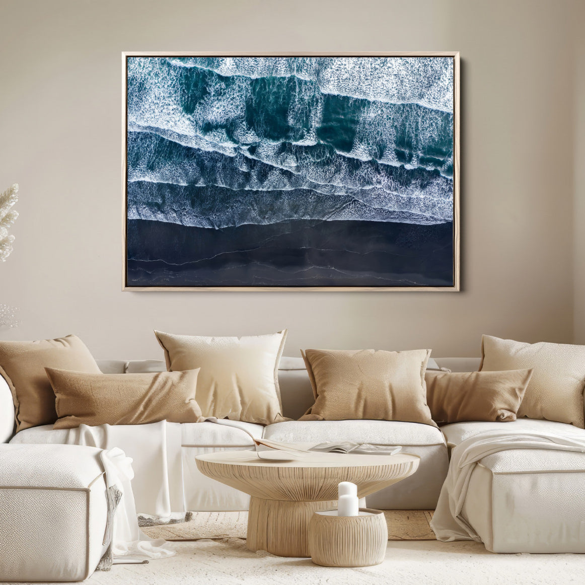 87941475-MGV-FC-36X24-Black Beach Wall Art Canvas Print – Framed Aerial Ocean View Moody Coastal Seascape Nature Artwork for Home Office