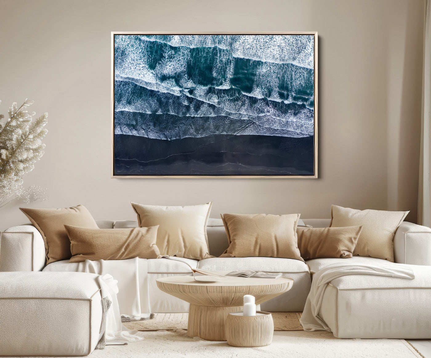 87941475-MGV-FC-36X24-Black Beach Wall Art Canvas Print – Framed Aerial Ocean View Moody Coastal Seascape Nature Artwork for Home Office