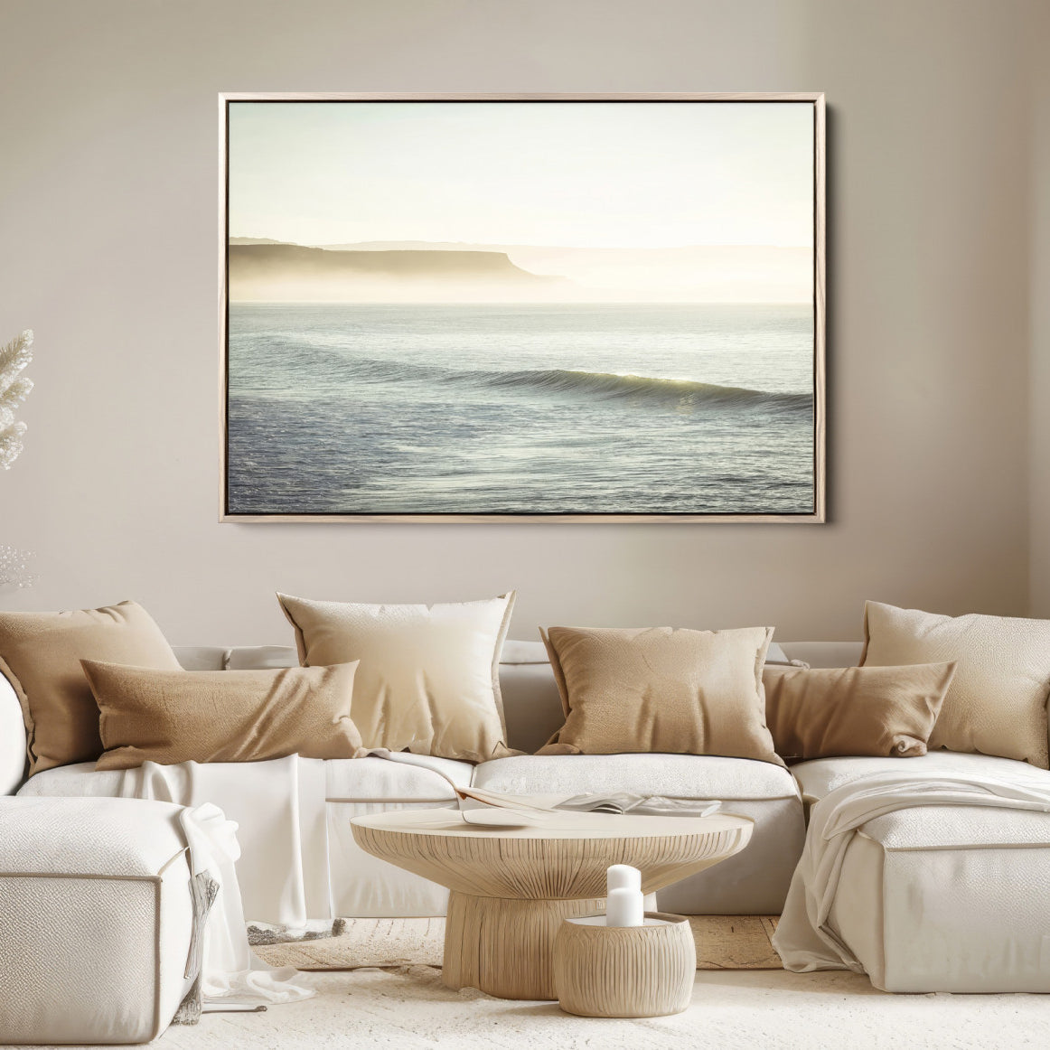 39310633-MGV-FC-36X24-Coastal Cliffs Wall Art Canvas Print, Framed Misty Ocean Art Picture Print, Soft Morning Perfect