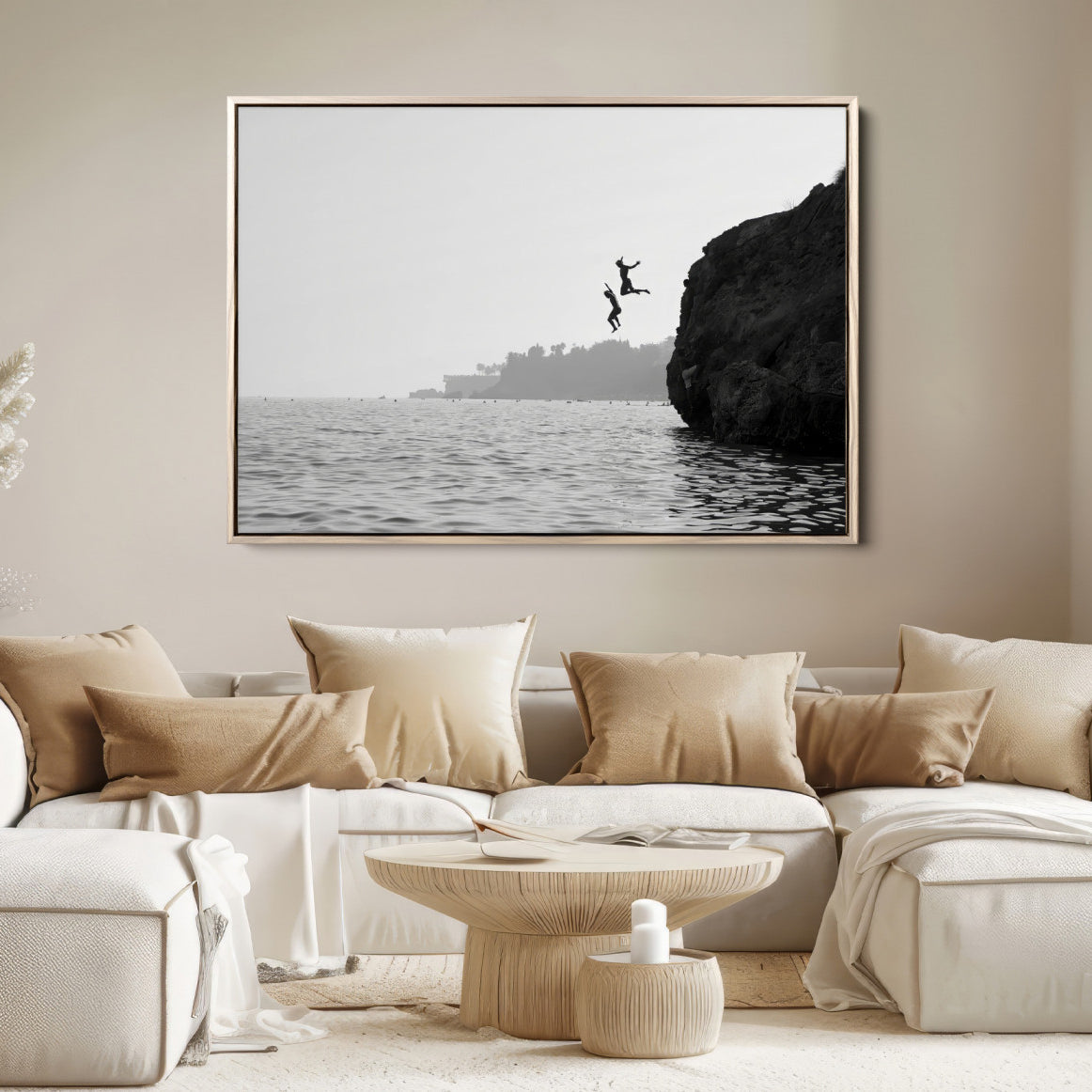 52284302-MGV-FC-36X24-Jumping Wall Art Canvas Print – Framed Coastal Ocean Scene Artwork for Relaxing Beach Home, Office Decor