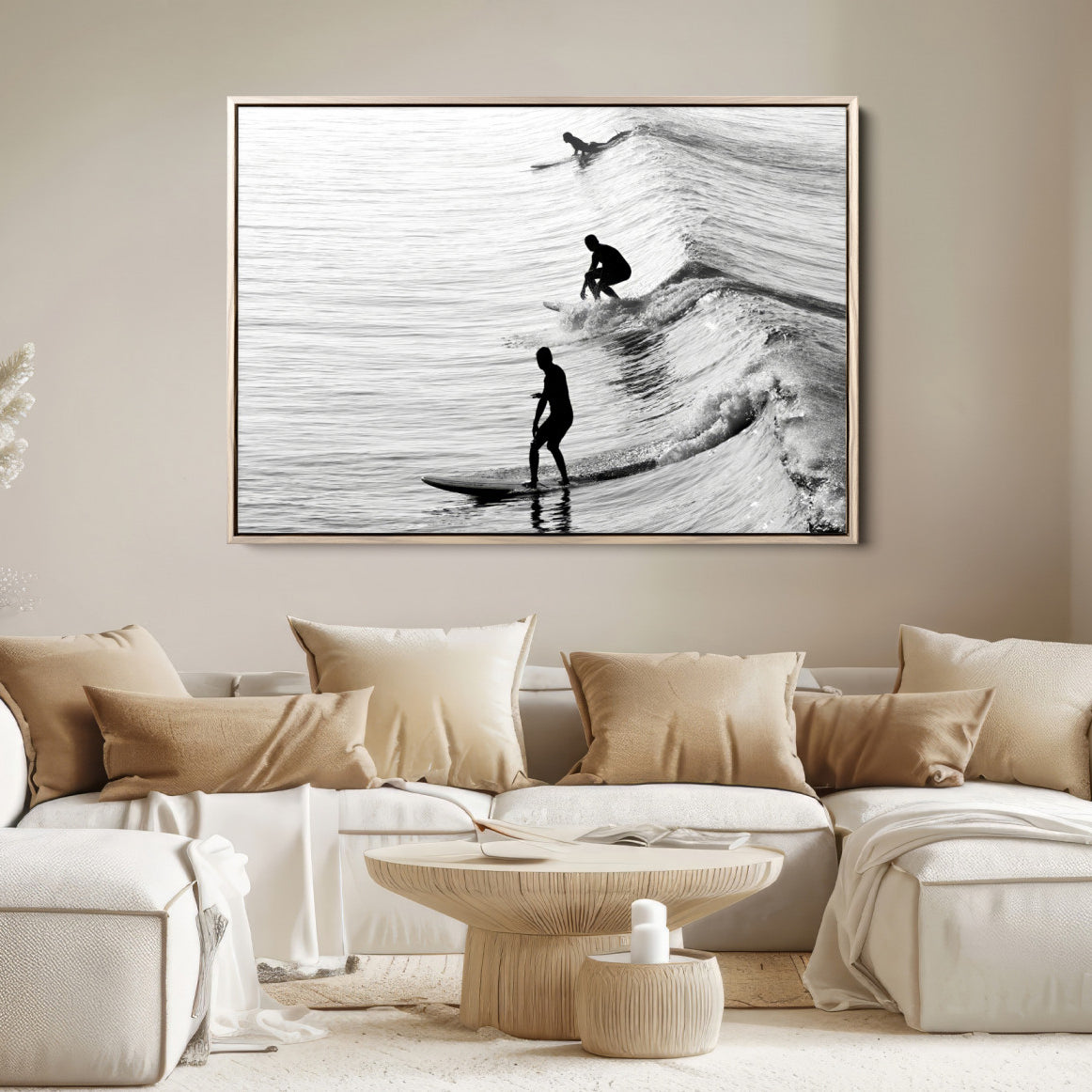 19875284-MGV-FC-36X24-Surfers on Waves Wall Art Canvas Print – Framed Black and White Surf Ocean Monochrome Beach Artwork for Home, Office