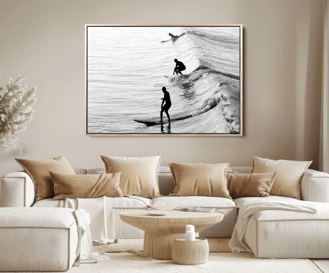 19875284-MGV-FC-36X24-Surfers on Waves Wall Art Canvas Print, Framed Black White Surf Art Picture Print, Monochrome Ocean