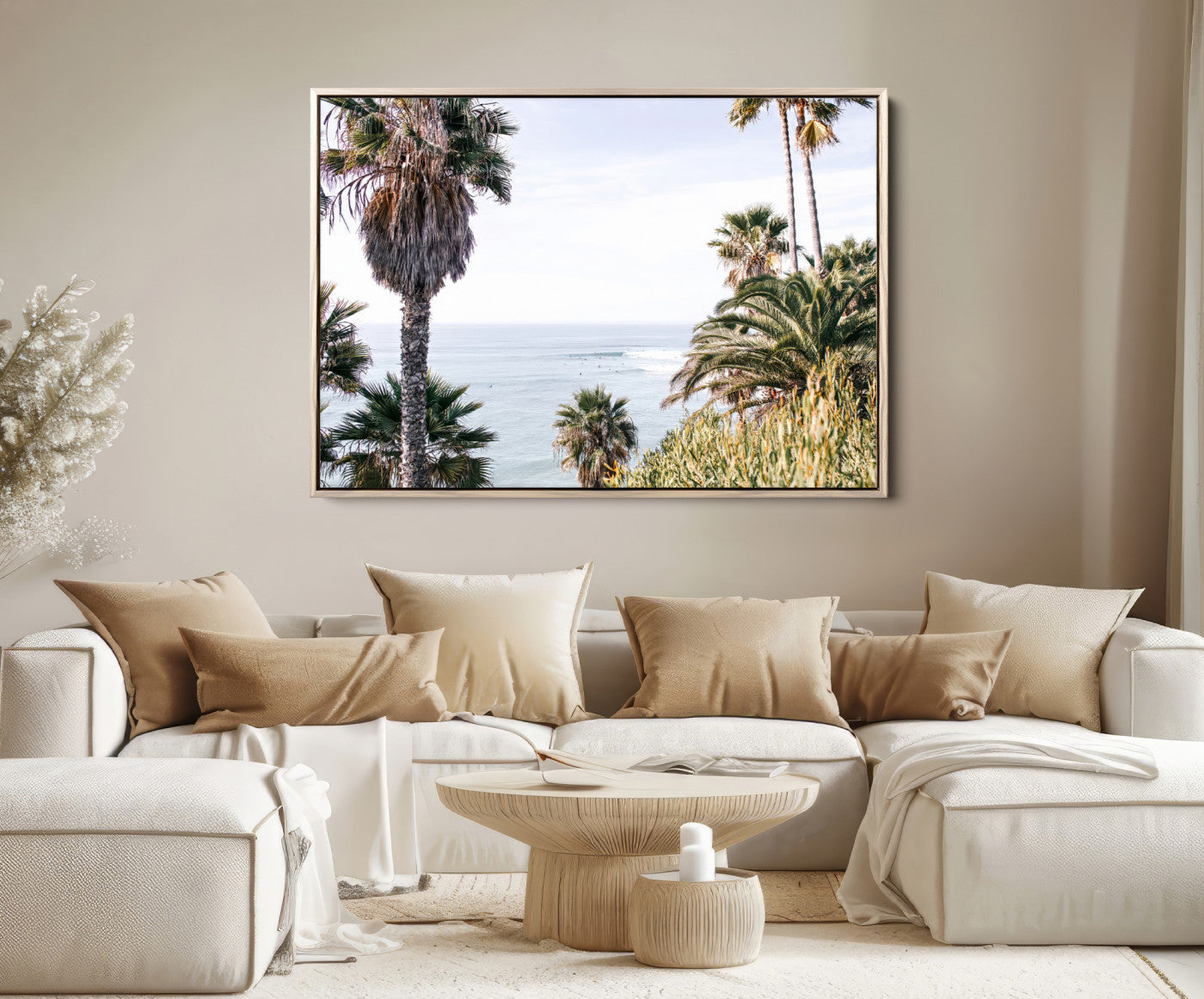 51404565-MGV-FC-36X24-Coastal Palm Trees Wall Art Canvas Print – Framed Ocean Breeze Tropical Scene Artwork for Relaxing Home, Office Decor
