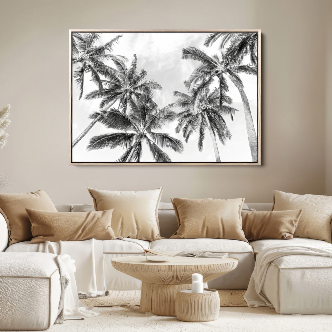 62113786-MGV-FC-36X24-Black and White Palm Wall Art Canvas Print – Framed Monochrome Tropical Beach Scene Artwork for Modern Home, Office Decor