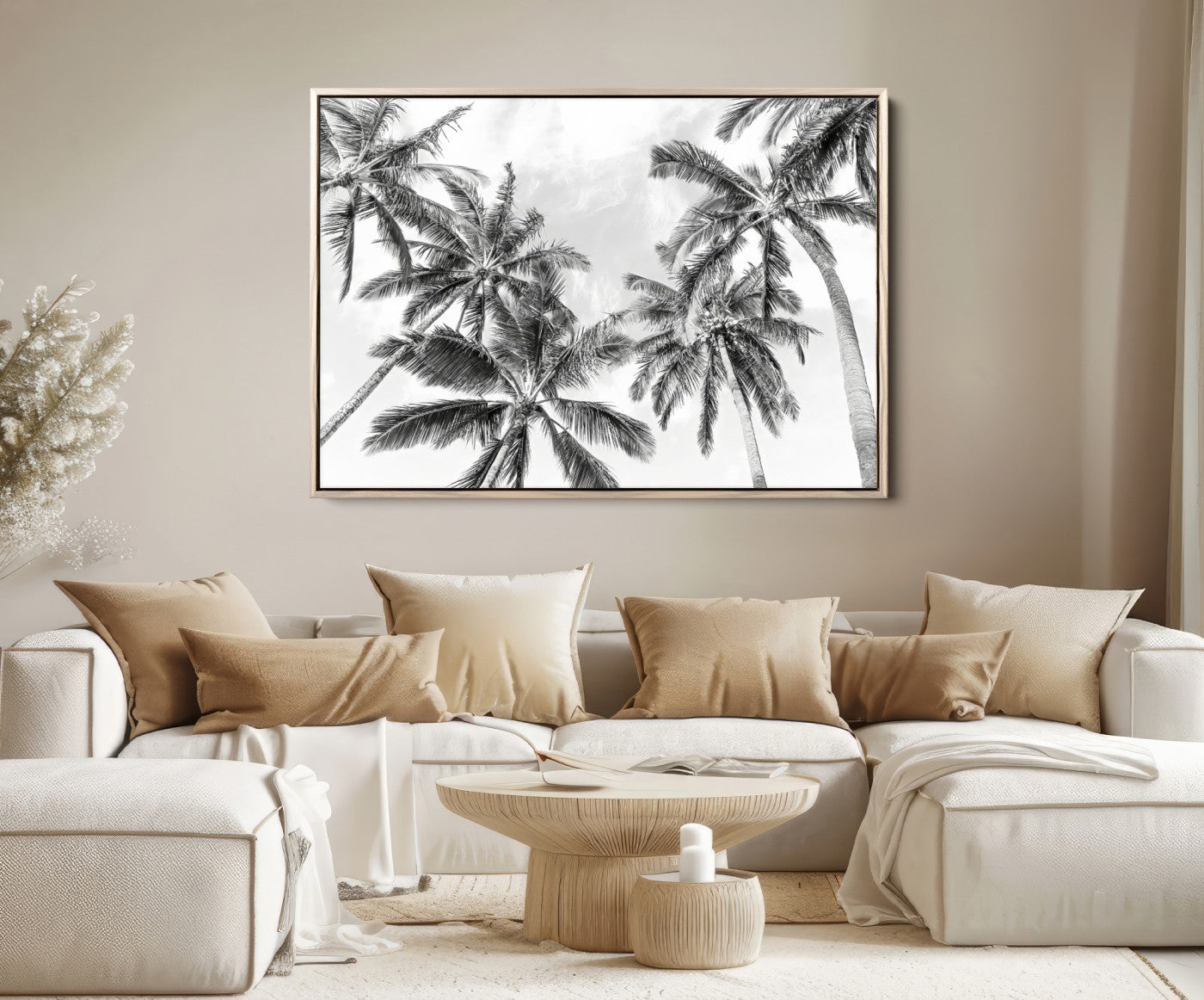 62113786-MGV-FC-36X24-Black and White Palm Wall Art Canvas Print – Framed Monochrome Tropical Beach Scene Artwork for Modern Home, Office Decor