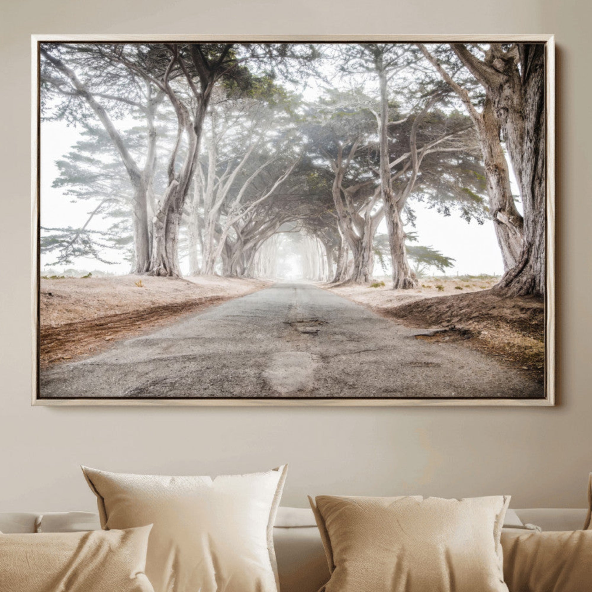 87750525-MGV-CV-36X24-Cypress Tunnel Wall Art Canvas Print – Framed Misty Road Art Picture Foggy Trees Artwork for Home, Office, Living Room