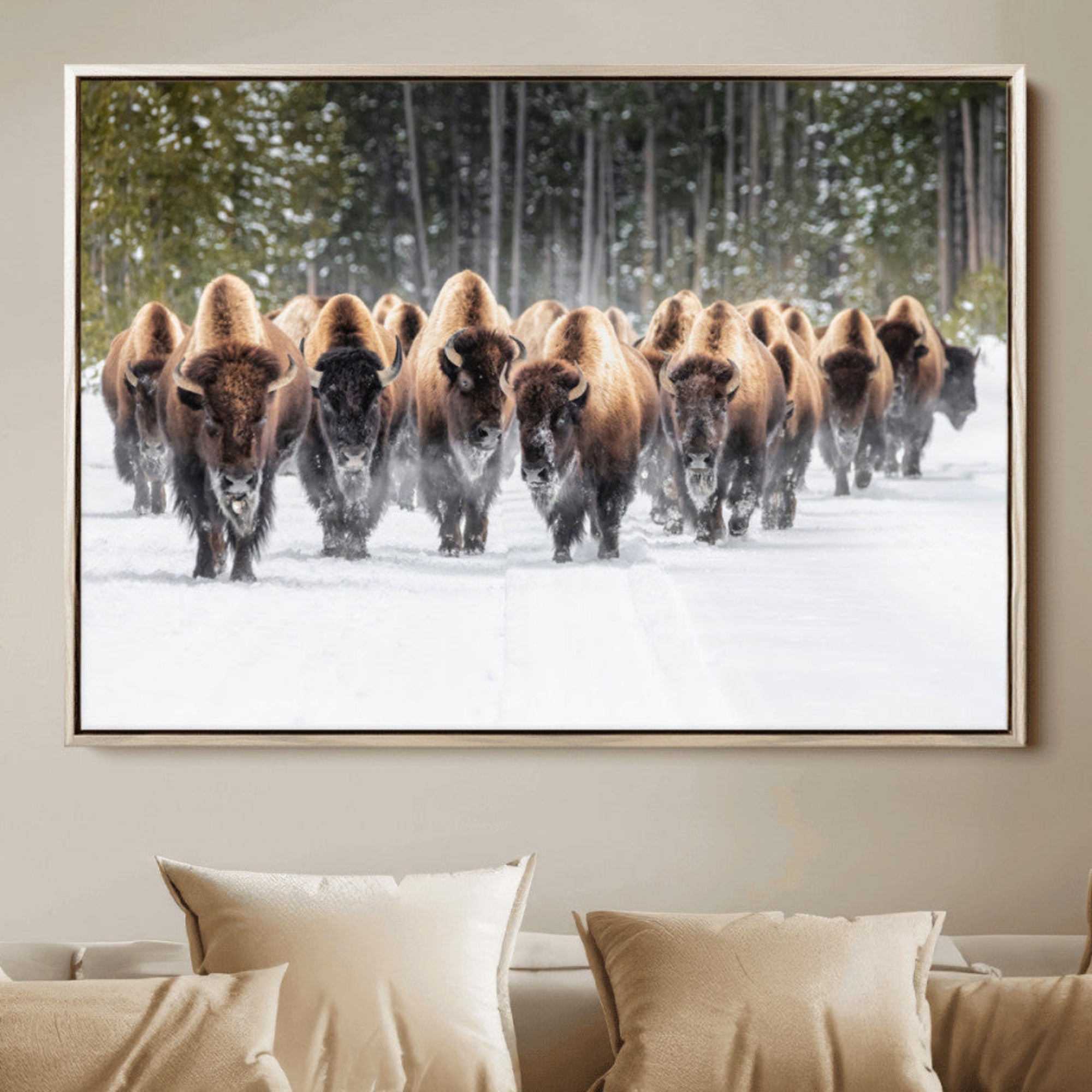 87750525-MGV-CV-36X24-Bison Herd Scene Wall Art Canvas Print – Framed Western Wildlife Art Picture Rustic Animal Artwork for Home Office