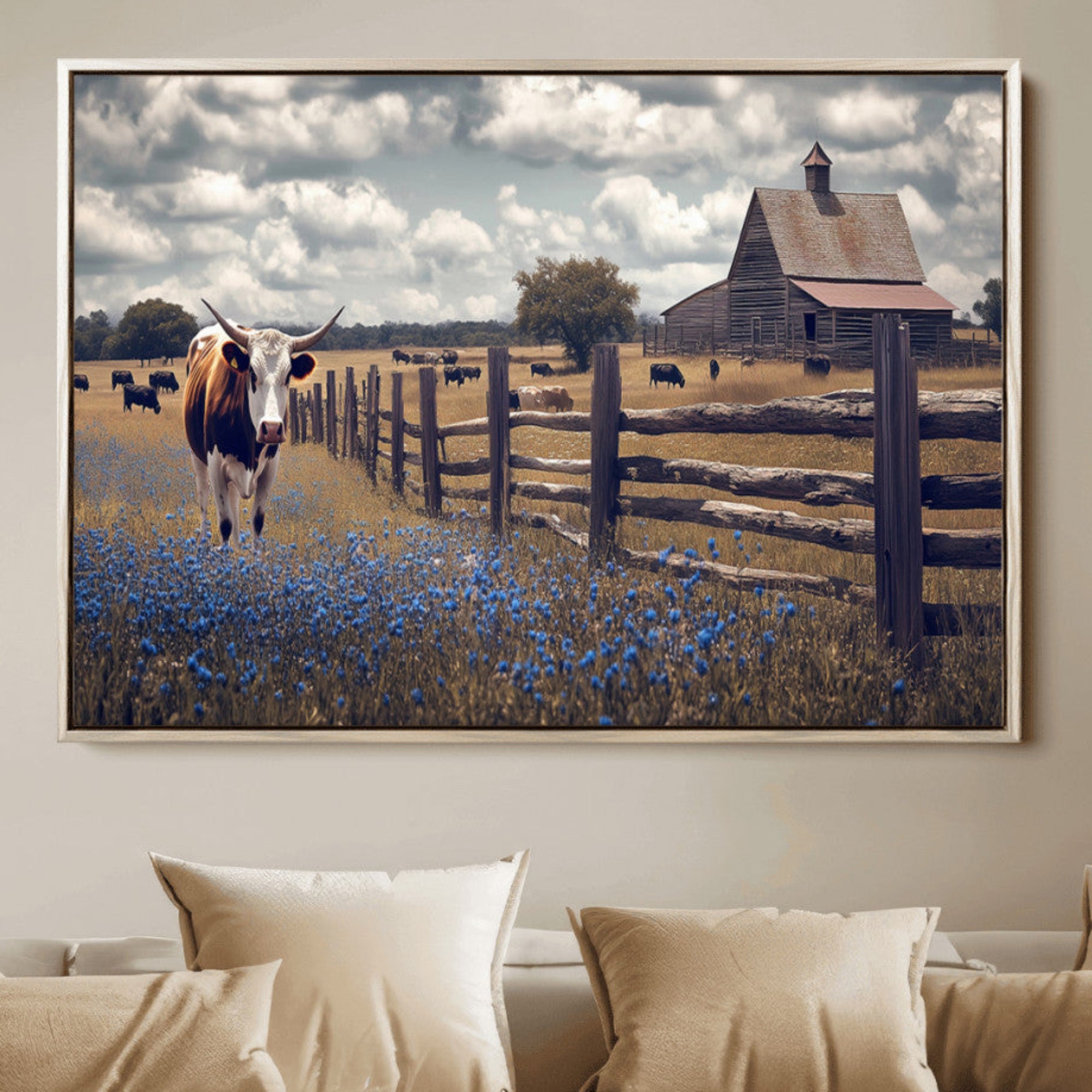 Framed canvas print of a Texas Longhorn near a rustic barn and fence, ideal for farmhouse or western-style home wall decor.