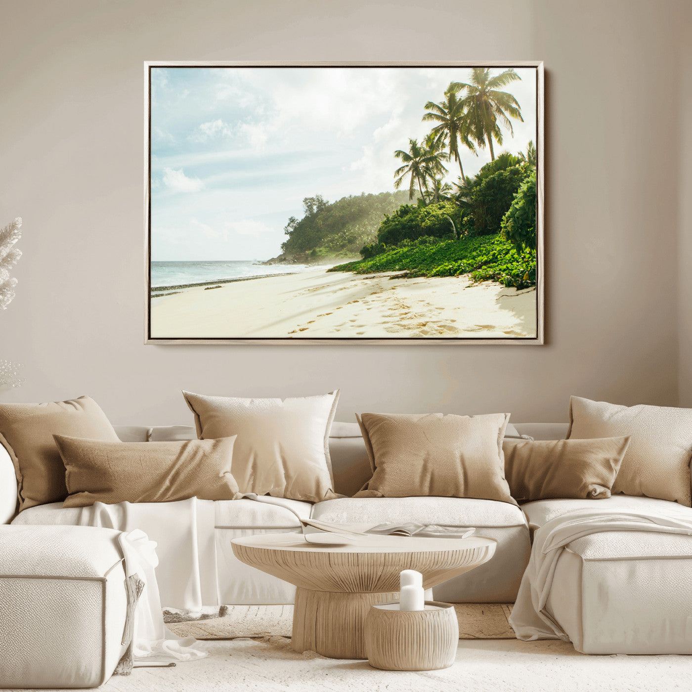 A tropical beach with palm trees, soft sand, and ocean waves under a bright sky, creating a peaceful and relaxing coastal view.