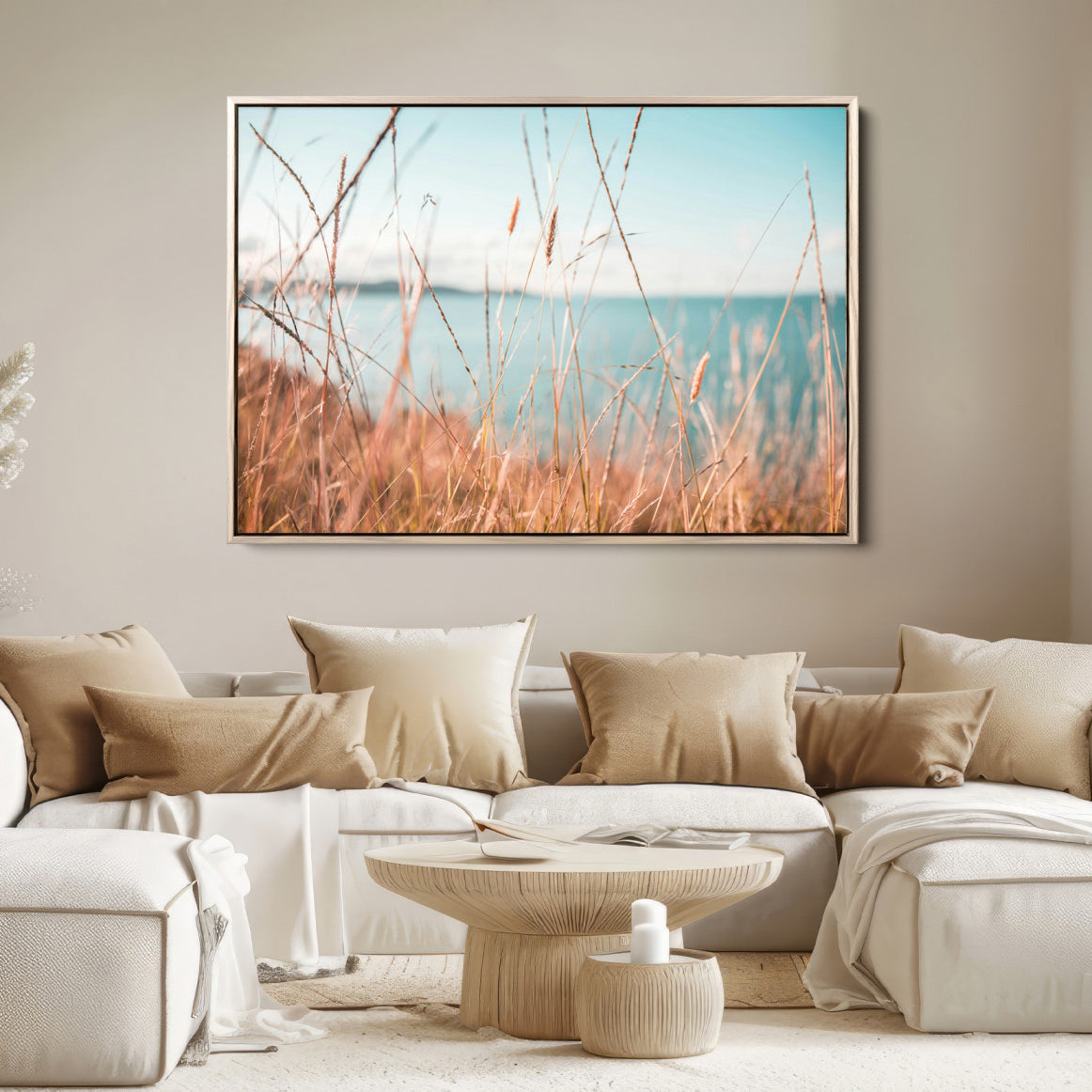 36108696-MGV-FC-36X24-Coastal Grass Landscape Wall Art Canvas Print – Golden Shoreline Nature Scene Serene Ocean View Artwork for Home Office