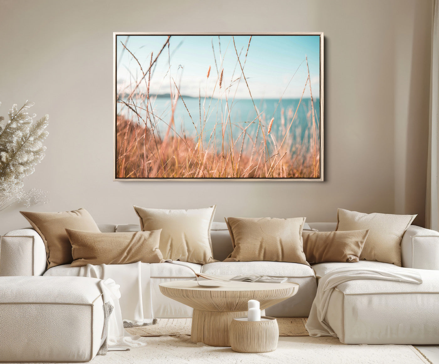 36108696-MGV-FC-36X24-Coastal Grass Landscape Wall Art Canvas Print – Golden Shoreline Nature Scene Serene Ocean View Artwork for Home Office