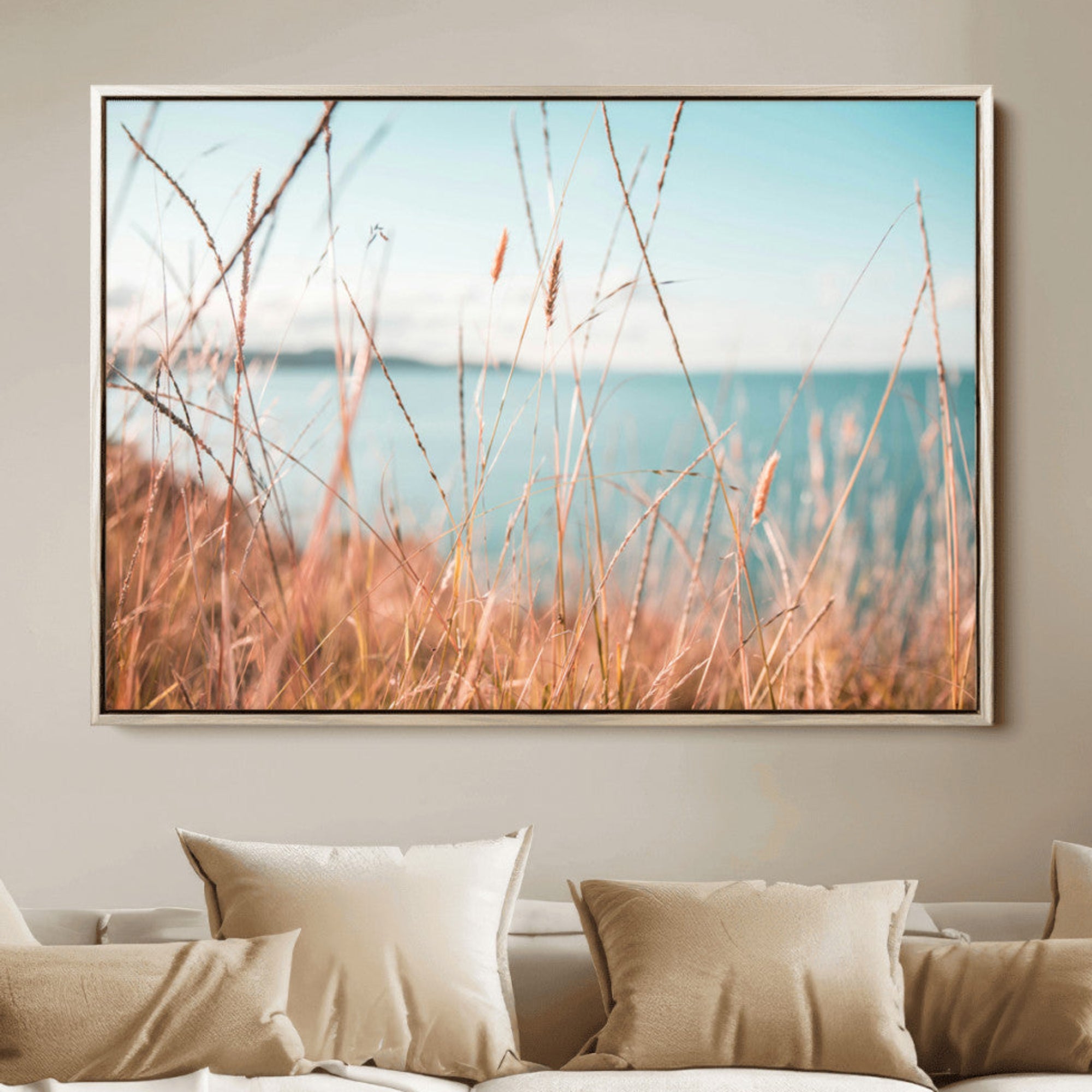 36108696-MGV-FC-36X24_Natural-Golden Beach Grass Ocean Breeze Soft Focus Tranquil Coastal Calm Blue Sky Seascape Nature Wall Art Canvas Print