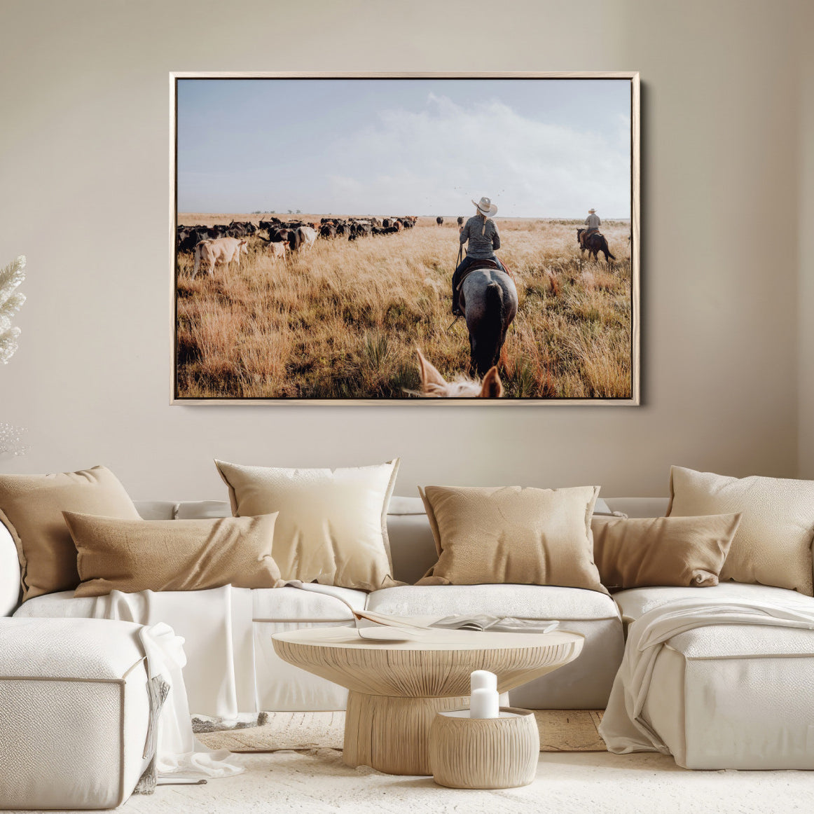 22431577-MGV-FC-36X24-Western Wall Art Canvas Print – Framed Cowboy Cattle Drive Scene Rustic Ranch Landscape Artwork for Home Office