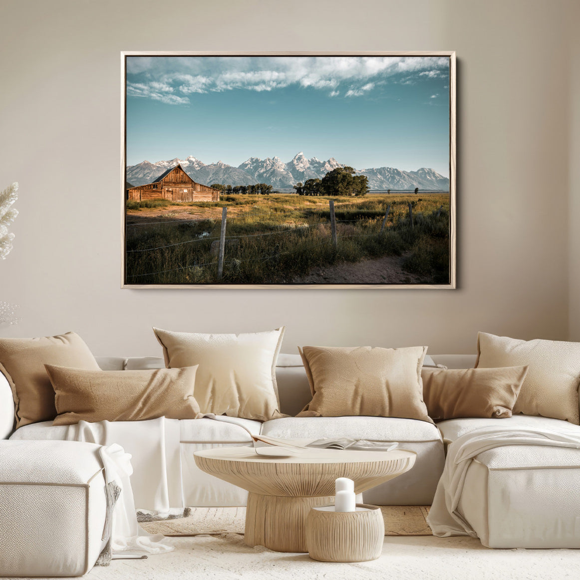 92497443-MGV-FC-36X24-Rustic Farmhouse Wall Art Canvas Print – Framed Mountain Cabin Western Landscape Scene Artwork for Home Office