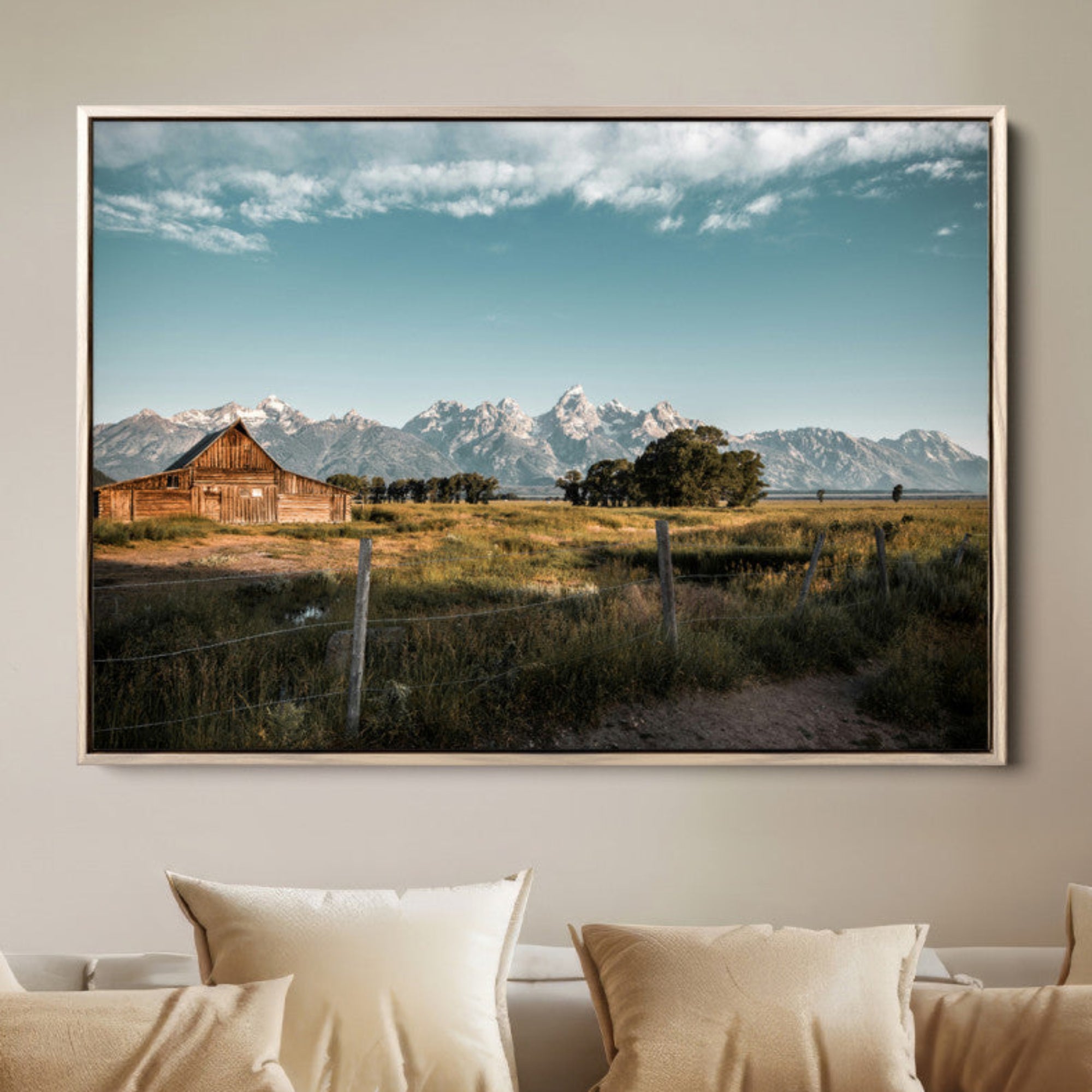 92497443-MGV-FC-36X24-Rustic Farmhouse Wall Art Canvas Print – Framed Mountain Cabin Western Landscape Scene Artwork for Home Office