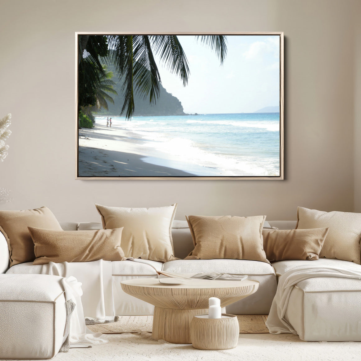 18311030-MGV-FC-36X24-Tropical Beach Wall Art Canvas Print – Framed Serene Ocean Scene Palm Tree Shadows Coastal Nature Artwork for Home Office