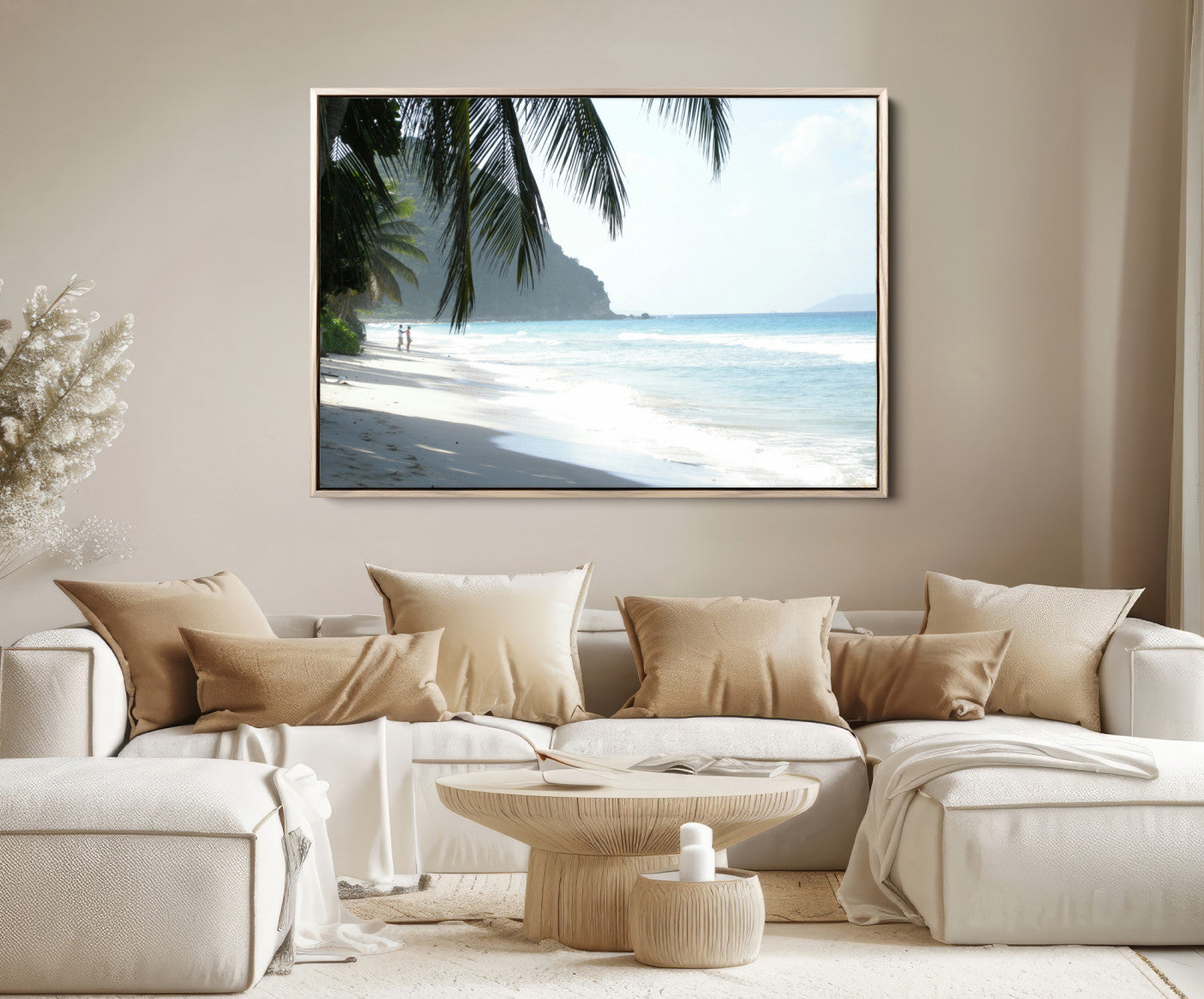 18311030-MGV-FC-36X24-Tropical Beach Wall Art Canvas Print – Framed Serene Ocean Scene Palm Tree Shadows Coastal Nature Artwork for Home Office
