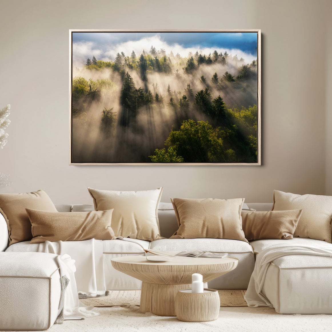 14785710-MGV-FC-36X24-Tranquil Forest Scene Wall Art Canvas Print – Framed Moody Sunbeam Through Trees Nature Artwork for Home Office