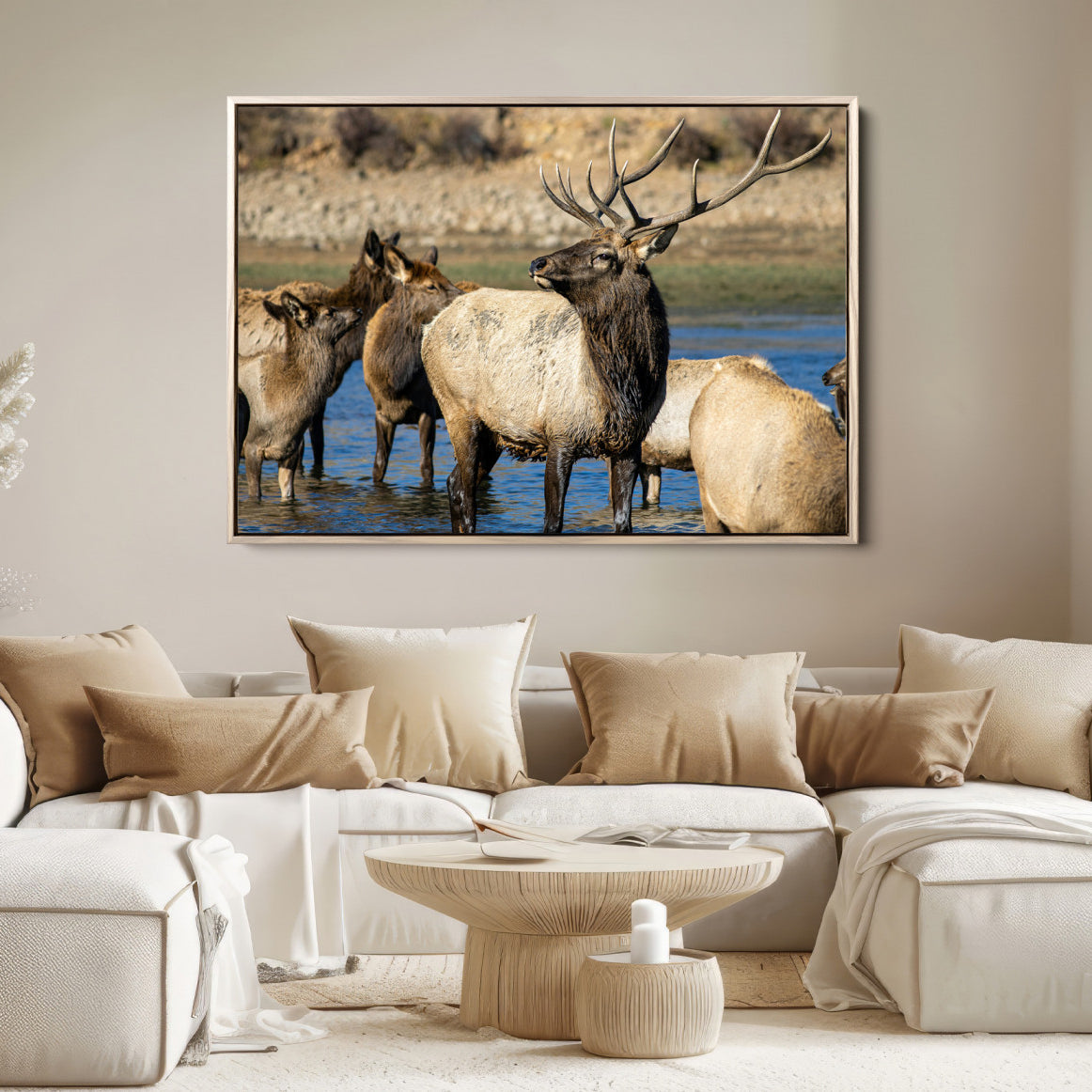 21531692-MGV-FC-36X24-Wild Elk Wall Art Canvas Print – Framed Neutral Wildlife Rustic Forest Scene Photography Artwork for Home Office