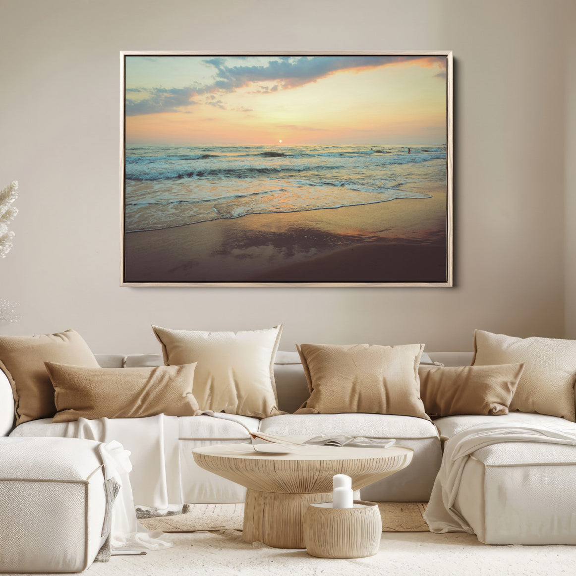15261505-MGV-FC-36X24-Sunset Seascape Wall Art Canvas Print – Framed Pastel Ocean View Tranquil Beach Scene Nature Artwork for Home Office