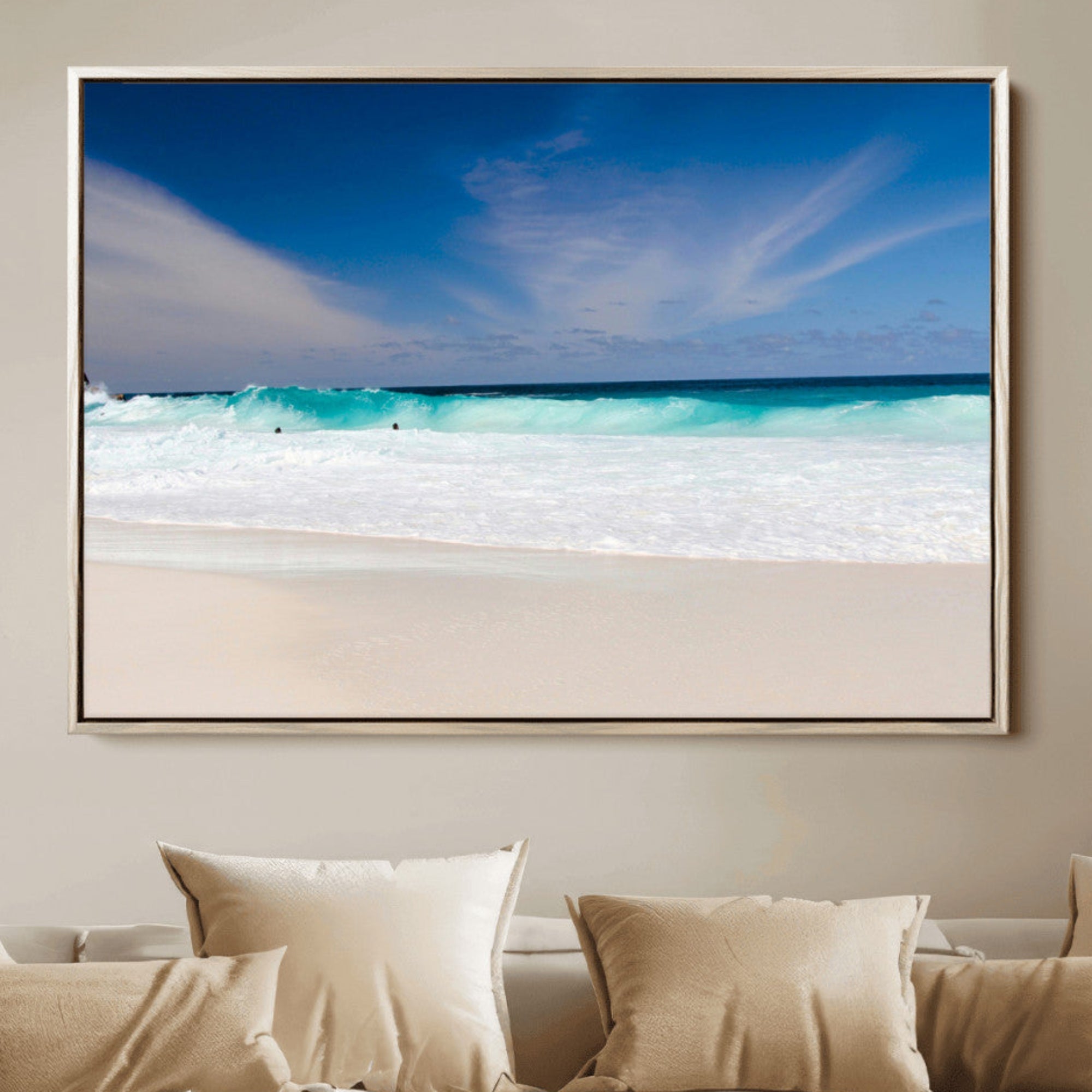 55017356-MGV-FC-36X24_Natural-Ocean Breeze Wall Art Canvas Print, Aqua Waves and Coastal Horizon with Tranquil Blue Sky Decor for Home, Office