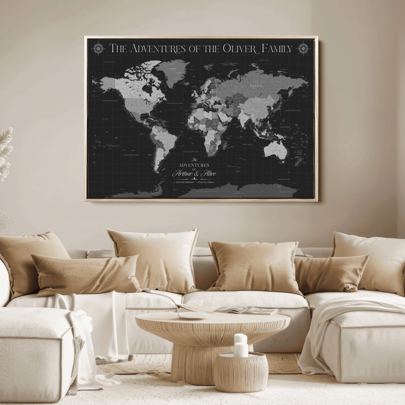 -Personalized Family World Map Canvas – Custom Framed Push Pin Travel Tracker, Modern Adventure Wall Art for Home, Office