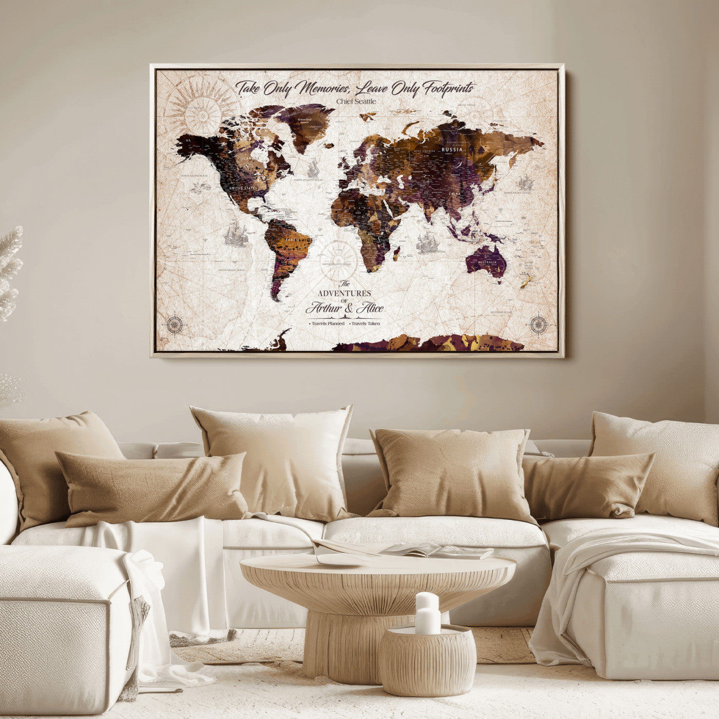 -Personalized World Map Canvas – Custom Framed Push Pin Travel Tracker, Elegant Wall Art Gift for Couples for Home, Office