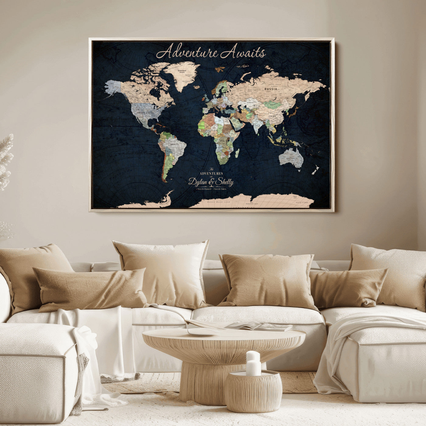 Rehber01-MGV-CV-36X24-Personalized World Map Canvas Print – Framed Push Pin Travel Wall Art for Couples – Adventure & Anniversary Gift