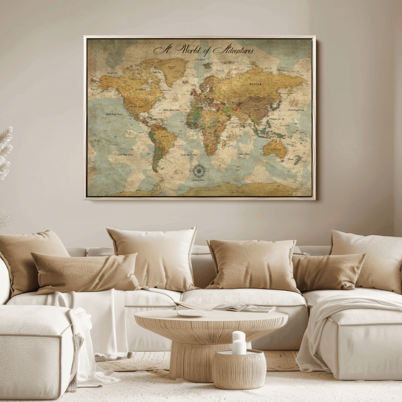 Rehber01-MGV-CV-36X24-Personalized World Map Canvas – Custom Framed Push Pin Travel Map Wall Art, Vintage Style Gift for Couples or Families