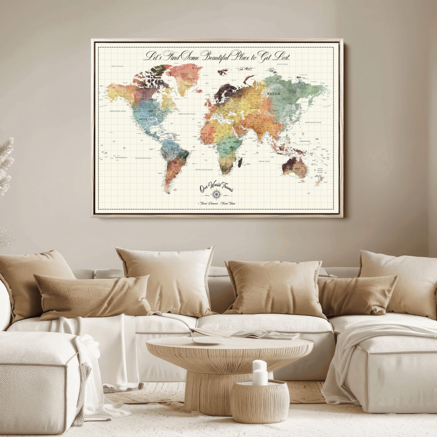 -Personalized Push Pin World Map Canvas Print – Custom Adventure Travel Tracker Map, Framed Wall Art Gift for Couples or Family