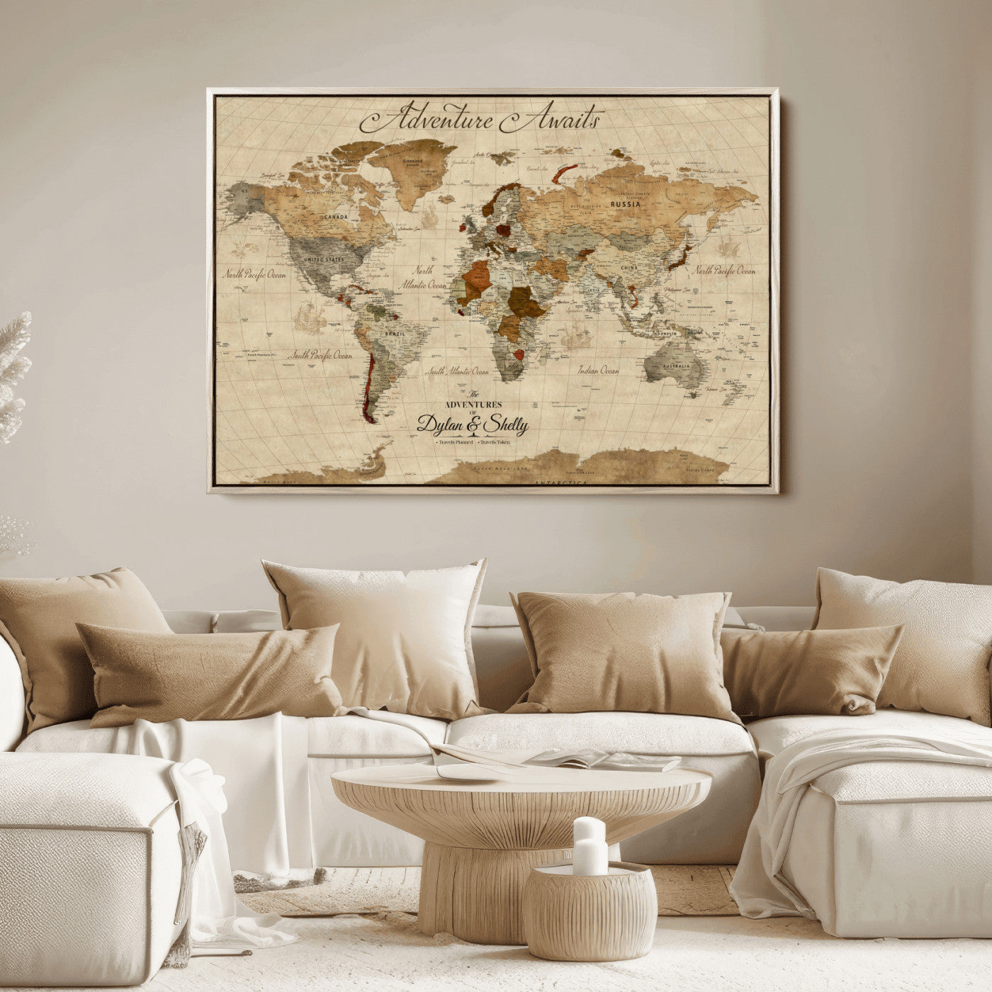 Rehber01-MGV-CV-36X24-Personalized World Map Canvas – Custom Framed Push Pin Travel Map Wall Art with Names, Vintage Style Gift for Couples