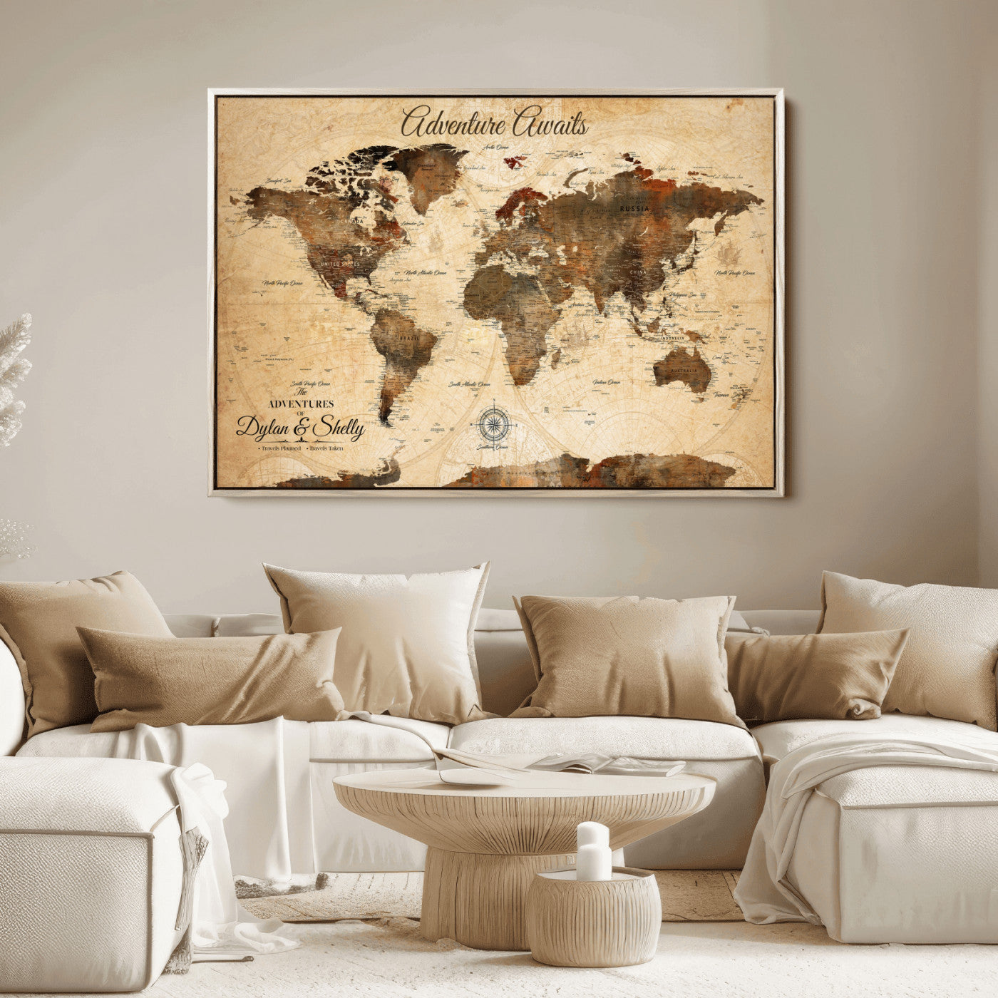 Rehber01-MGV-CV-36X24-Personalized World Map Canvas Wall Art – Custom Framed Push Pin Travel Tracker Print, Unique Gift for Home or Office Decor