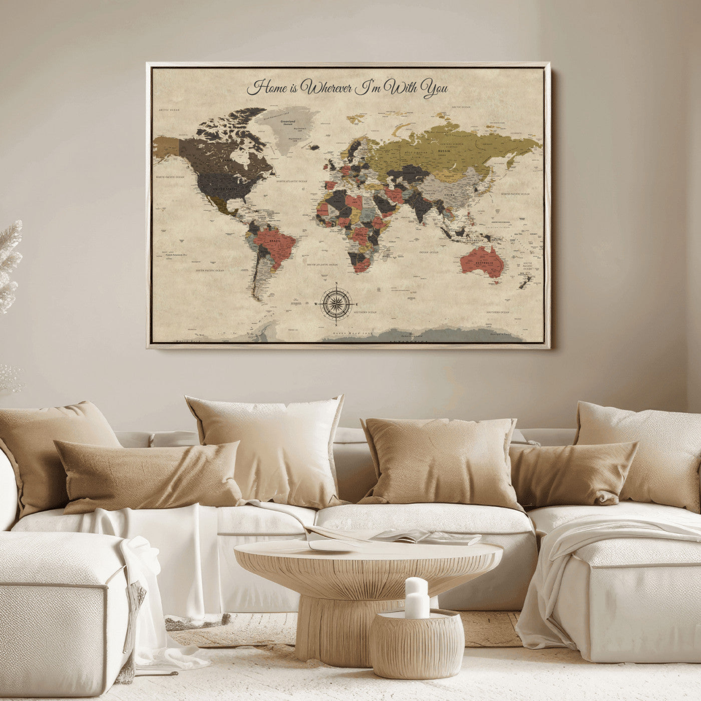 -Personalized World Map Wall Art Canvas Print – Customizable Push Pin Framed Travel Map Artwork for Home Office