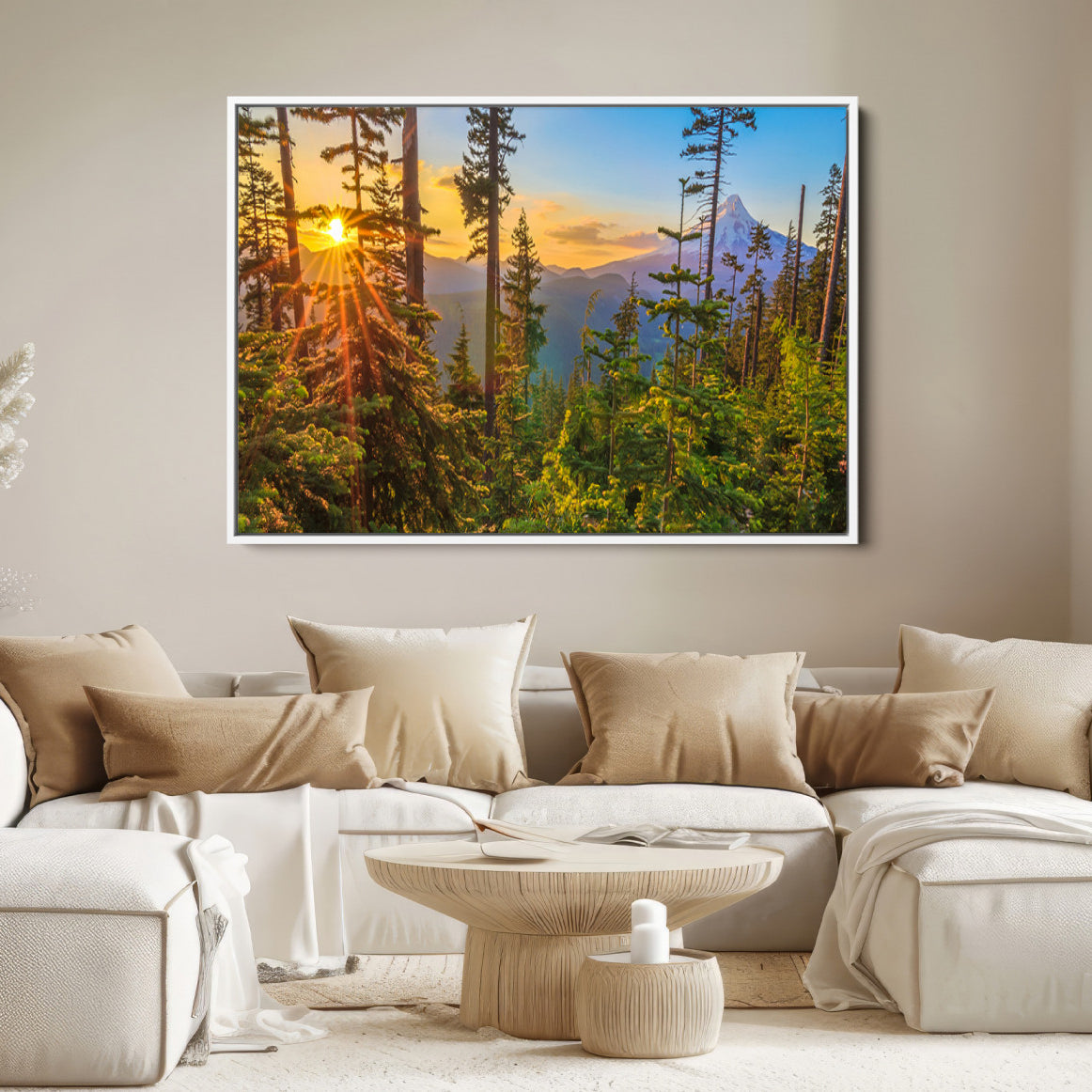 83544043-MGV-FC-36X24-Forest Sunset Wall Art Canvas Print, Framed Sunset Trees Art Picture Print, Green Pines Perfect