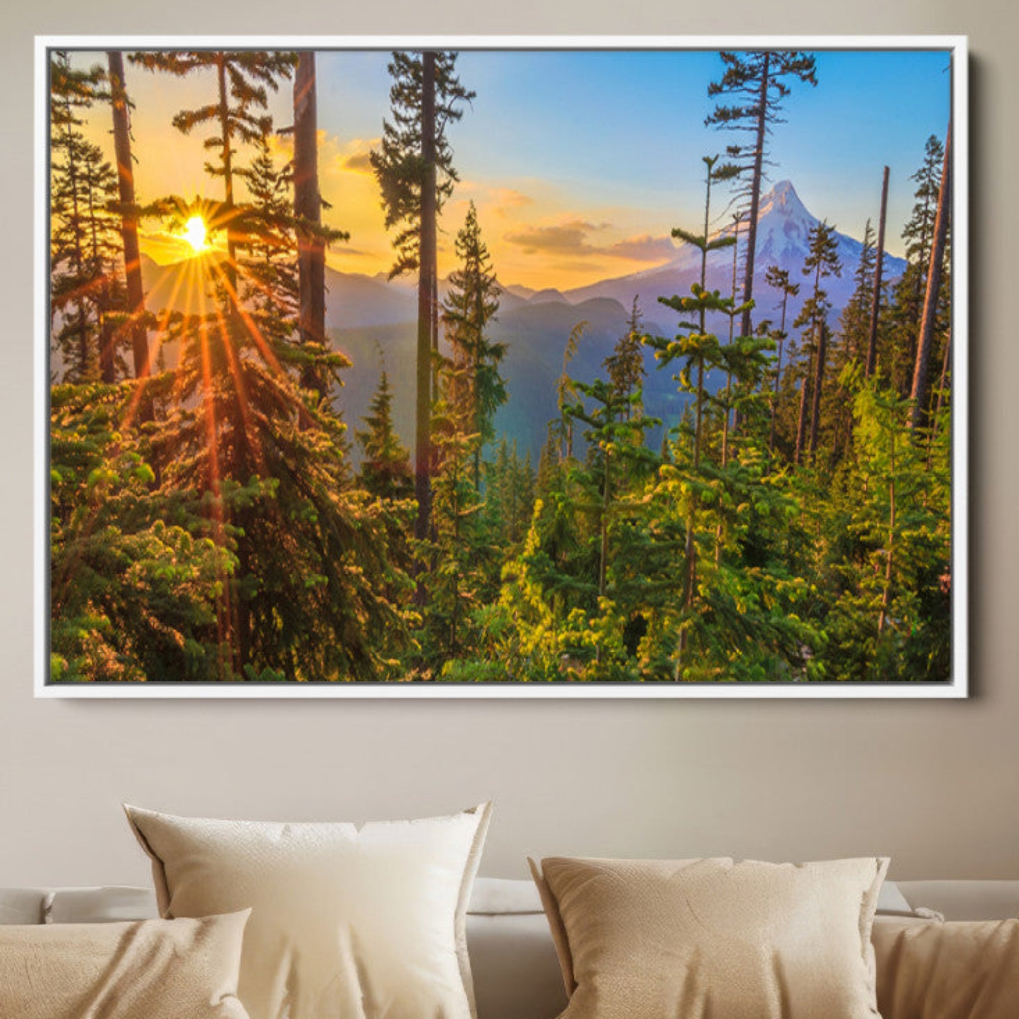 83544043-MGV-FC-36X24-Forest Sunset Wall Art Canvas Print – Green Pines Sunset Trees Golden Light Nature Artwork for Home Office