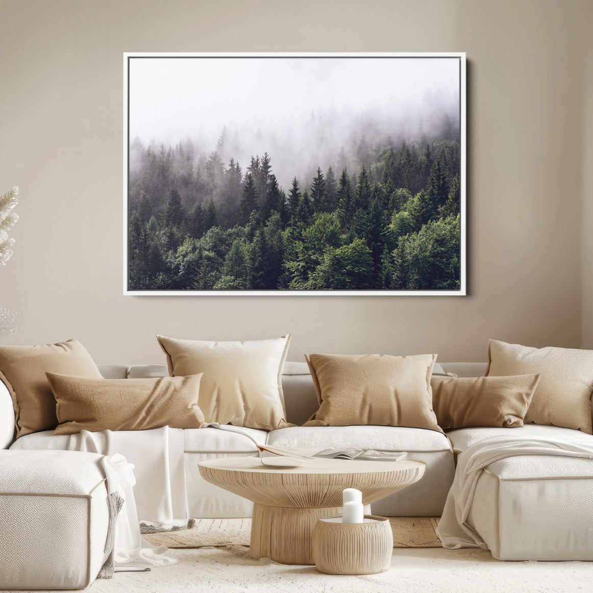 62890402-MGV-FC-36X24-Misty Forest Wall Art Canvas Print, Framed Foggy Pines Art Picture Print, Pine Valley Perfect Moody