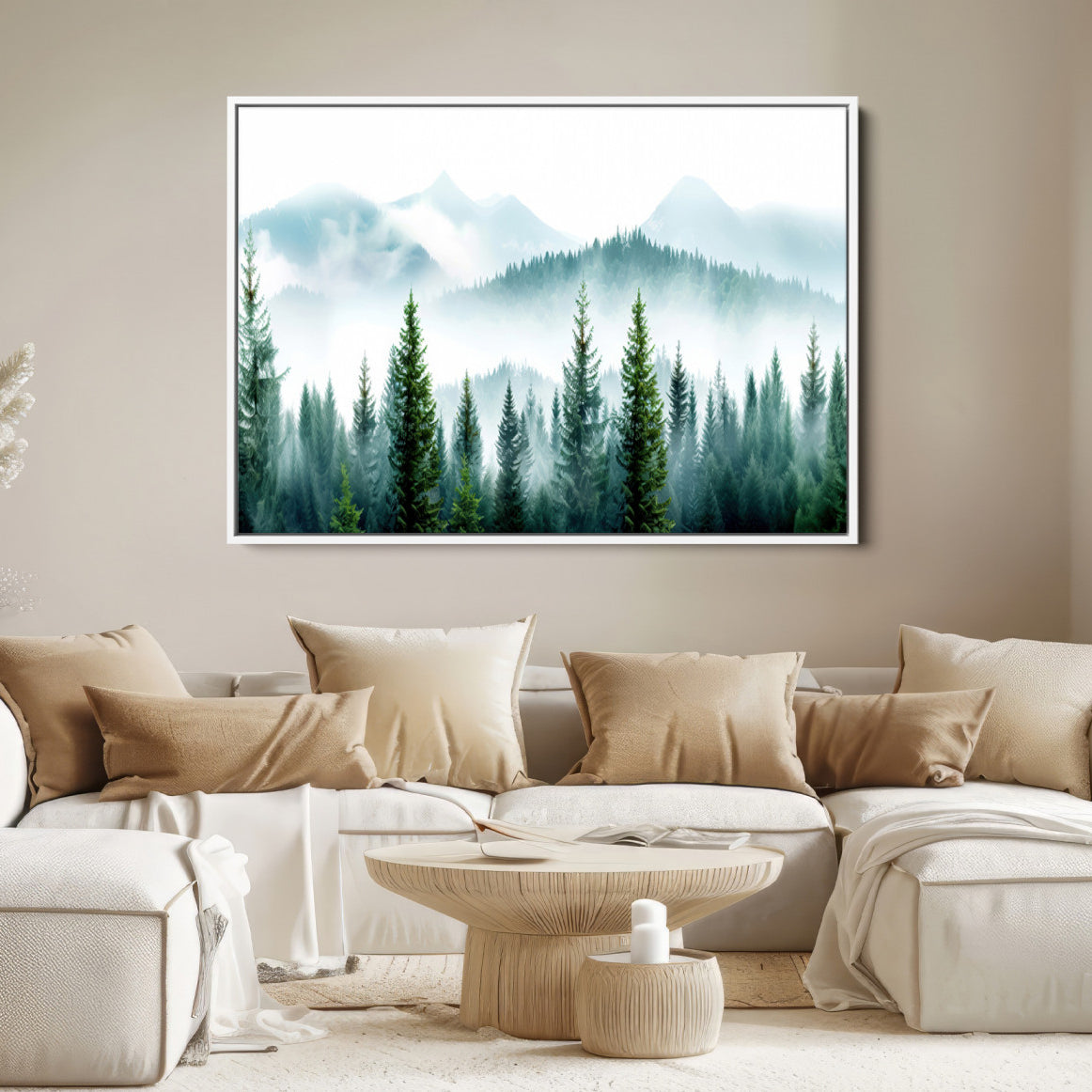 16716676-MGV-FC-36X24-Pine Forest Wall Art Canvas Print – Misty Mountains Foggy Trees Serene Woodland Nature Artwork for Home Office