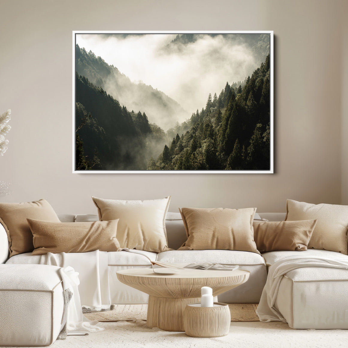 57570237-MGV-FC-36X24-Misty Valley Canvas Print, Framed Foggy Forest Art Picture Print, Pine Trees Perfect Moody Woodland