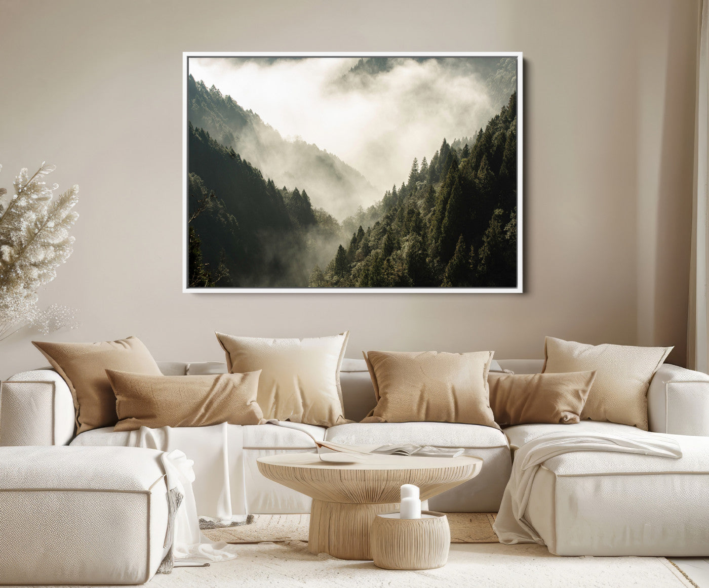57570237-MGV-FC-36X24-Misty Valley Wall Art Canvas Print – Foggy Forest Pine Trees Serene Woodland Landscape Artwork for Home Office