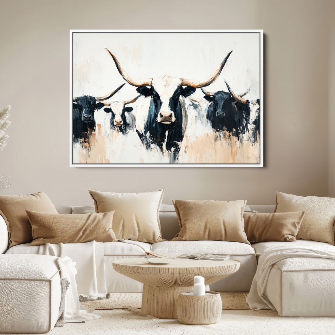 94780606-MGV-FC-36X24-Texas Longhorn Wall Art Canvas Print, Framed Western Cattle Art Picture Print, Horned Bull Perfect
