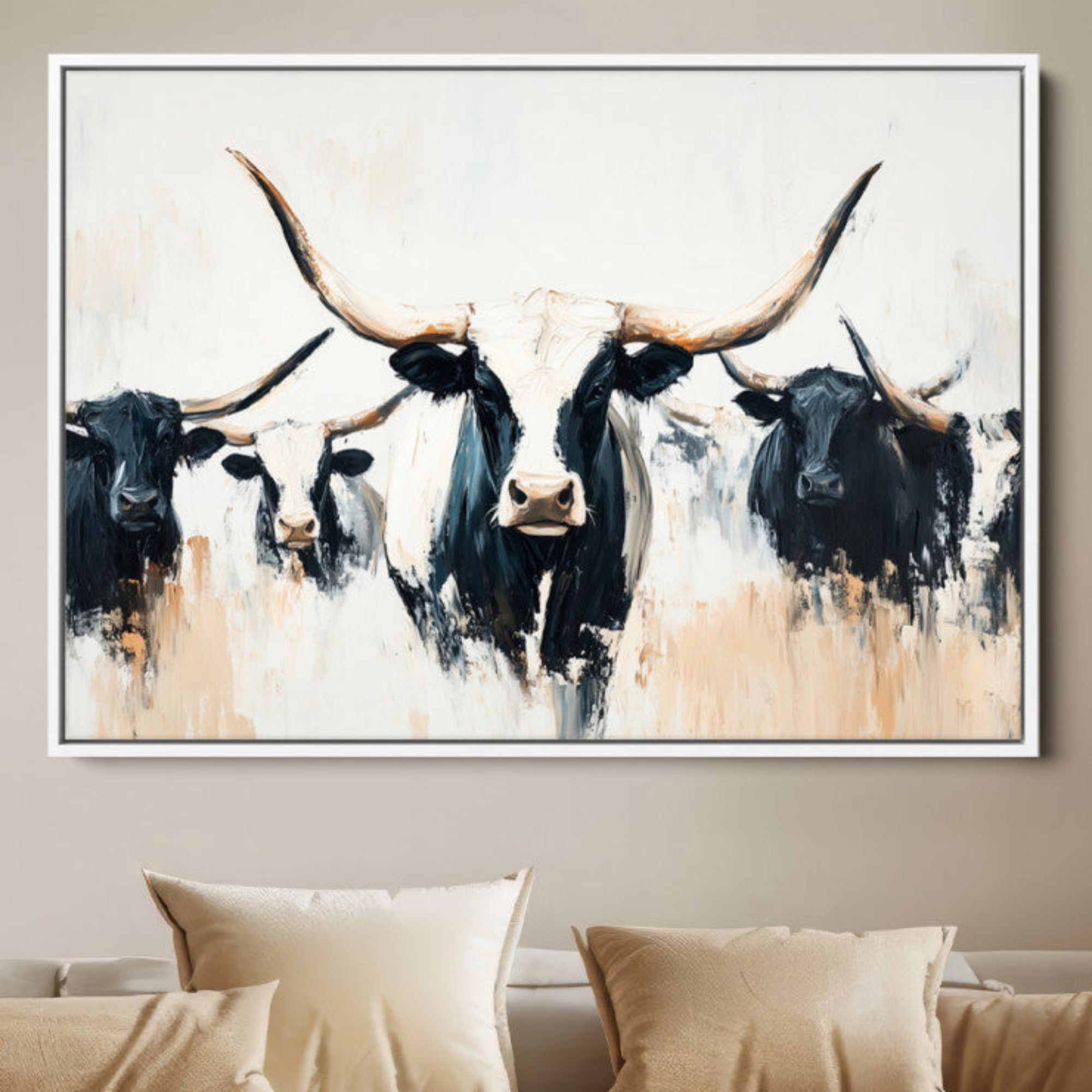 94780606-MGV-FC-36X24-Texas Longhorn Wall Art Canvas Print, Framed Western Cattle Art Picture Print, Horned Bull Perfect