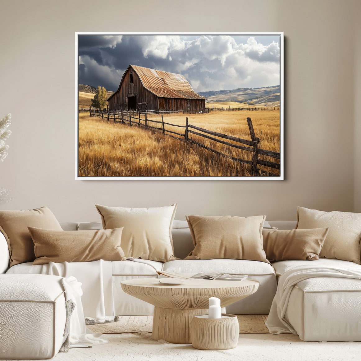 38758826-MGV-FC-36X24-Rustic Barn Wall Art Canvas Print – Framed Moody Barn Golden Field Countryside Farmhouse Landscape Artwork for Home Office