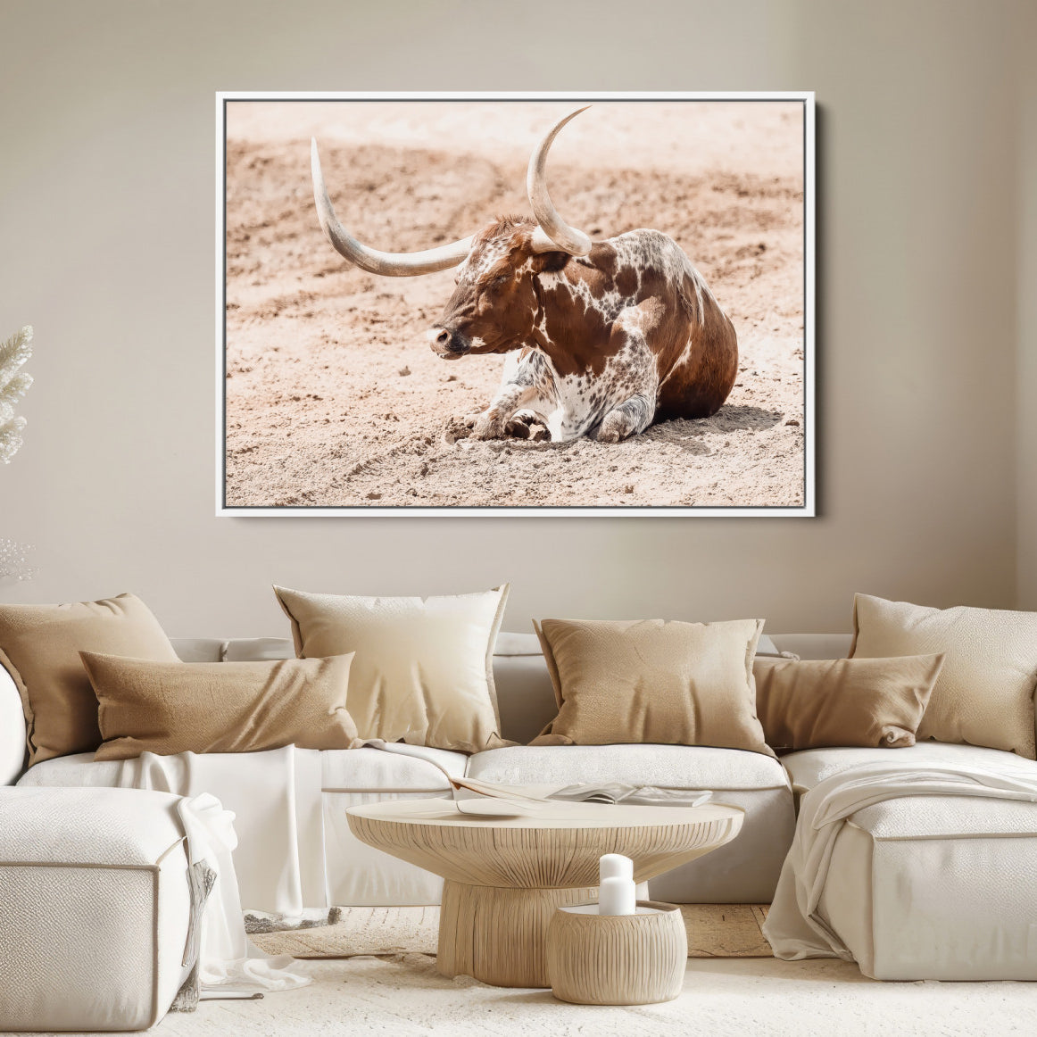 91248682-MGV-FC-36X24-Texas Longhorn Wall Art Canvas Print, Framed Resting Bull Art Picture Print, Spotted Cattle Perfect