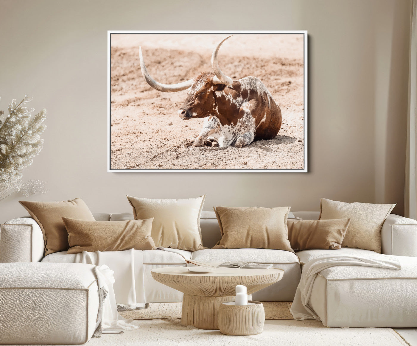91248682-MGV-FC-36X24-Texas Longhorn Wall Art Canvas Print – Framed Resting Bull Spotted Cattle Western Ranch Animal Artwork for Home Office